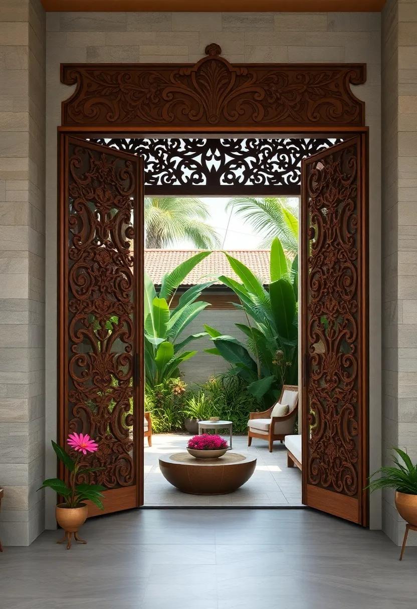 Balinese Carved Wooden Gates Framing a Lush Tropical Front Garden Overflowing with Exotic Flowers and Foliage
