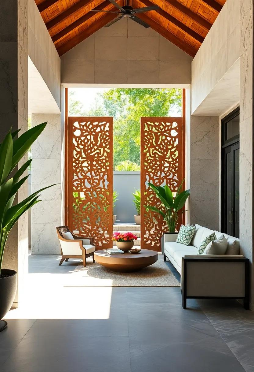 Natural Bamboo Accents Paired with Richly Carved Balinese Panels Set Against a Verdant Garden Backdrop