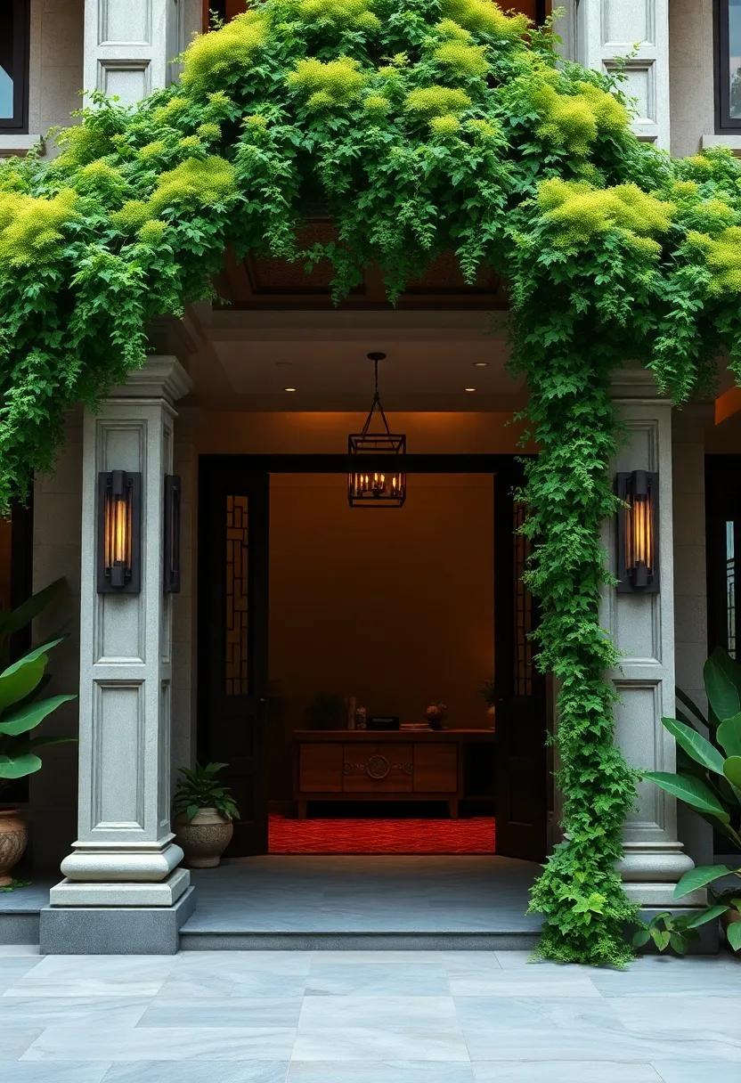 Soft Moss and Ivy Draped Over Traditional Balinese Entrance Columns Creating a Mystical Front Yard Atmosphere