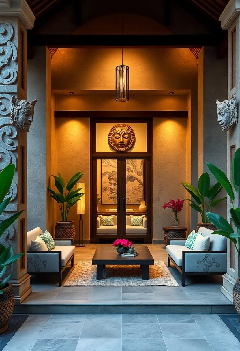 Traditional Balinese Mask Carvings Lending a Spiritual Aura to An Inviting Front Yard Entrance