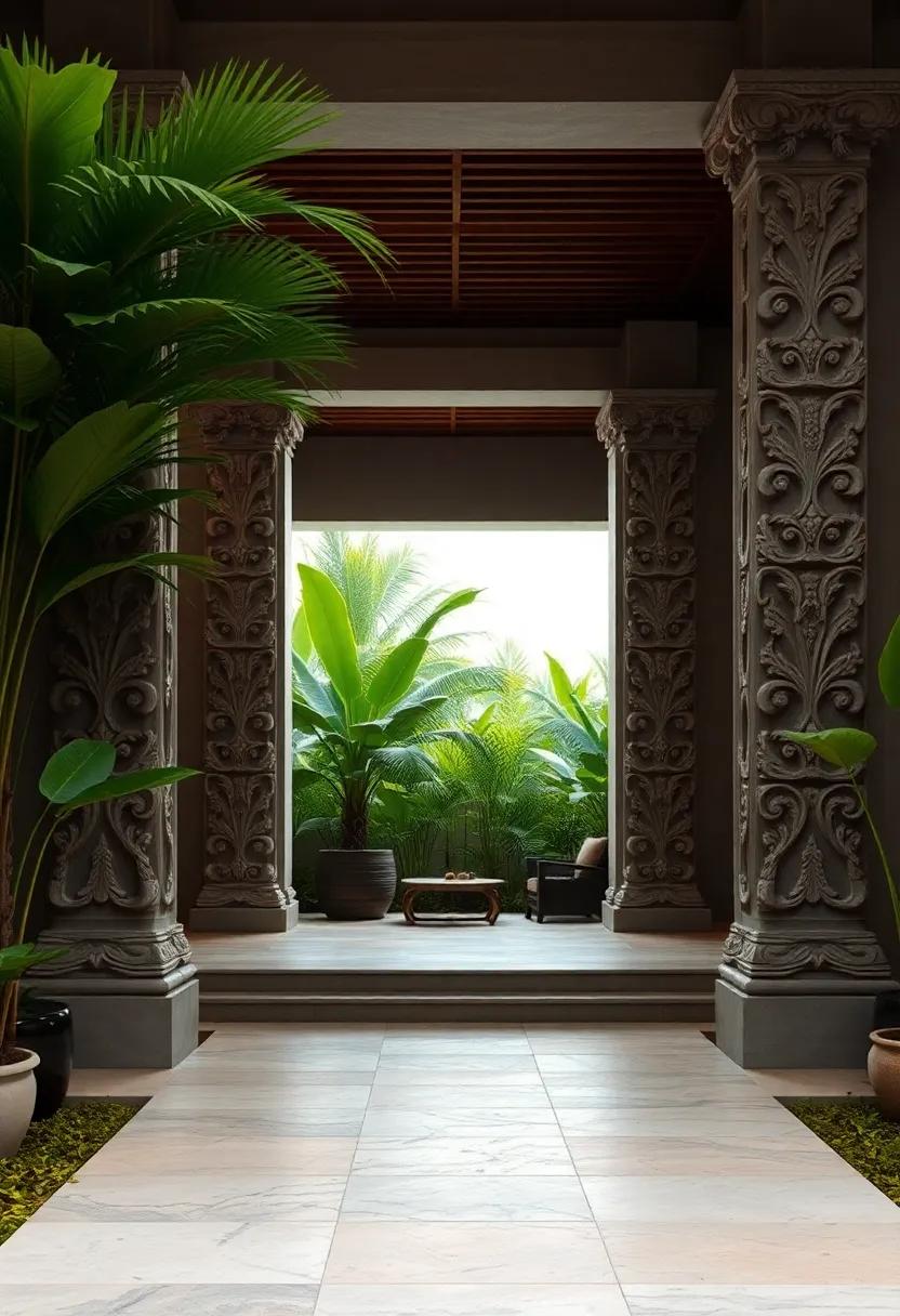 An Elevated Stone Walkway Leading to Gracefully Carved Balinese Entrance Pillars Overgrown With Tropical Plants