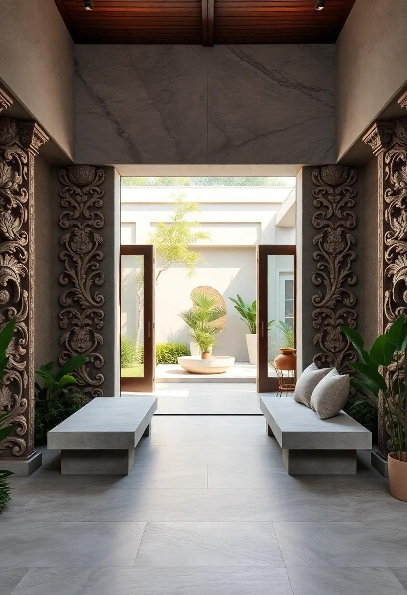 Warm Sunset Lighting Highlighting the Detailed Patterns of a Balinese Entrance Arch Surrounded by Palm Trees