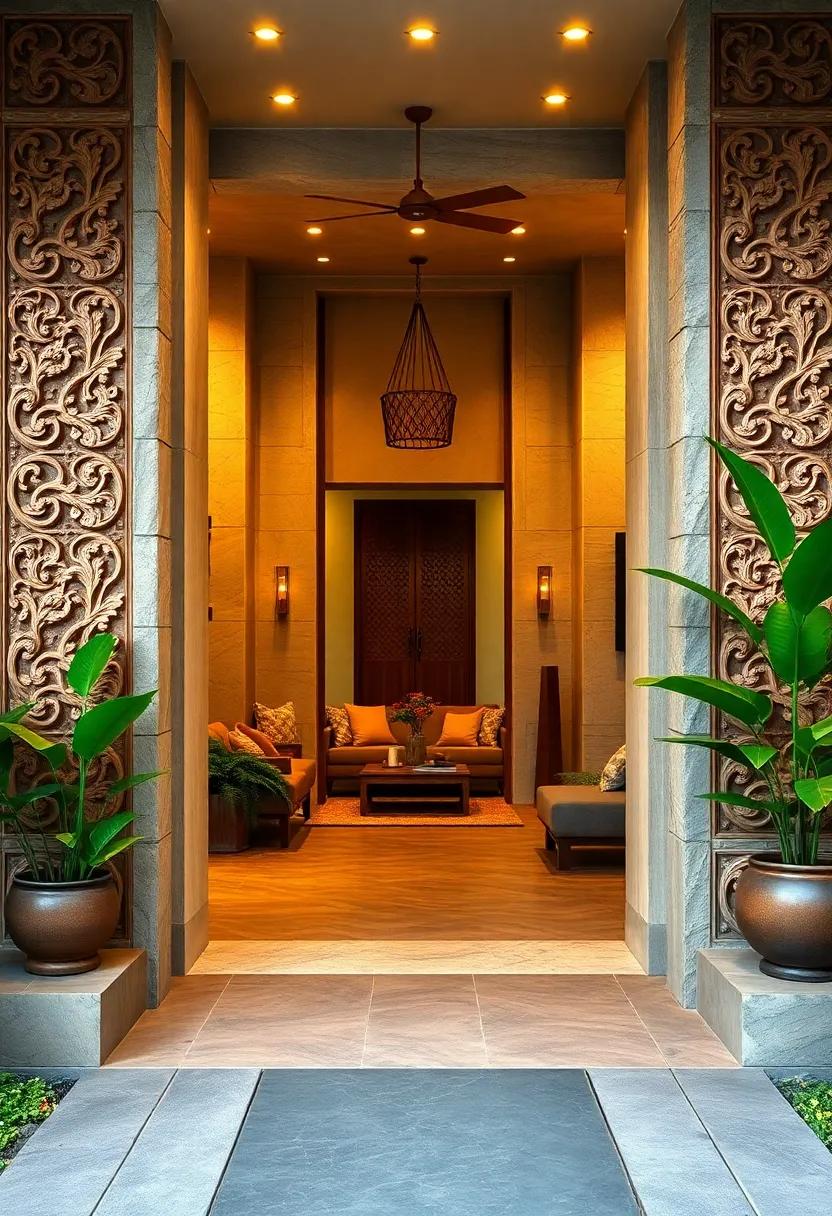 A Balanced Symmetry of Balinese Craftsmanship Showcased in Carved Panels Flanking a Tranquil Stone Path