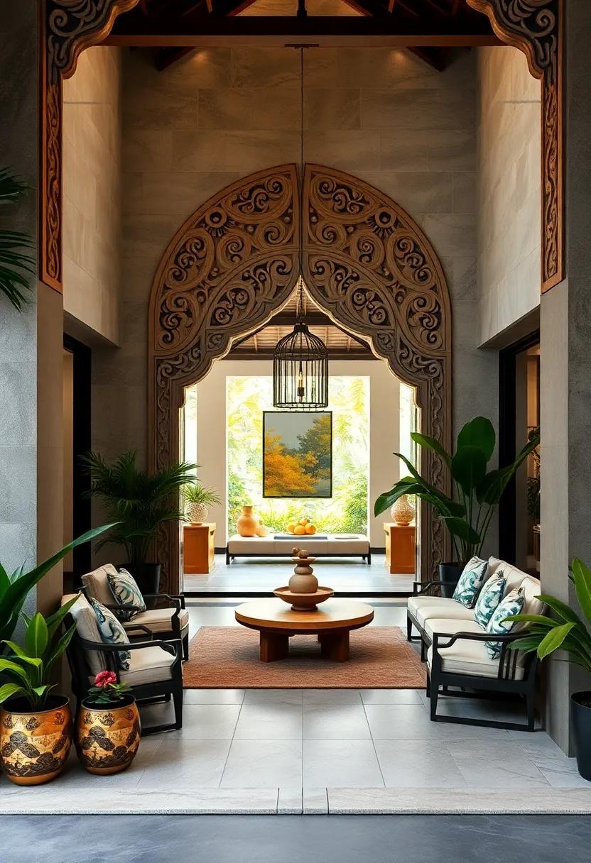 A Harmonious Blend of Old and New Balinese Carving Styles Accentuating a Contemporary Tropical Front Yard Ambiance