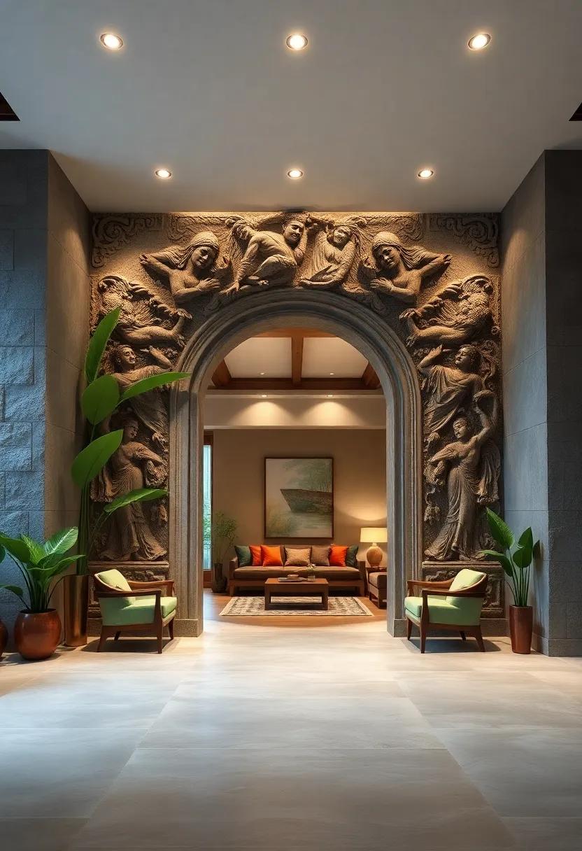 Detailed Scenes of Balinese Legend Skillfully Rendered in Stone Reliefs at the Gateway of a Tropical Home