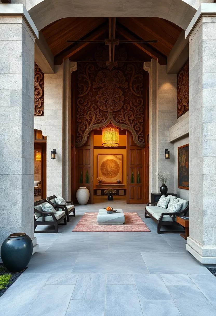 The Elegance of Timeworn Teak Wood Balinese Carvings Displayed at a Grand, Inviting Front Entrance