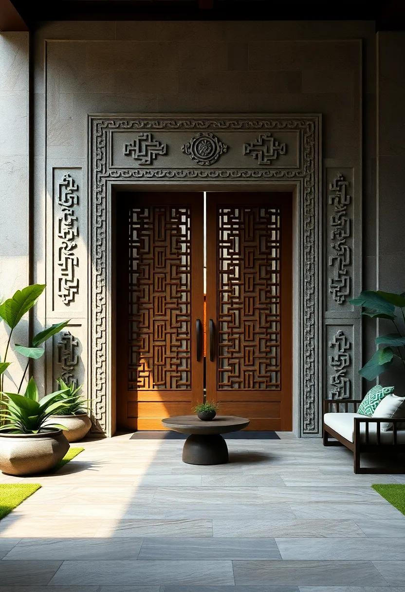 Bold Balinese Geometric Motifs Carved Into a Pair of Monumental Entrance Doors Set Within a Zen Garden