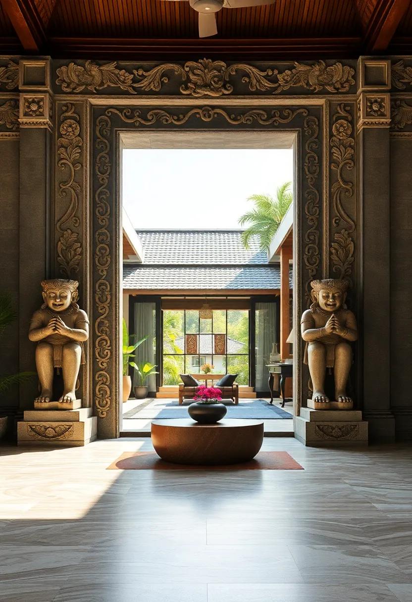 Majestic Balinese Guardian Statues Flanking an Open-Air Entrance with Hand-Carved Floral Motifs