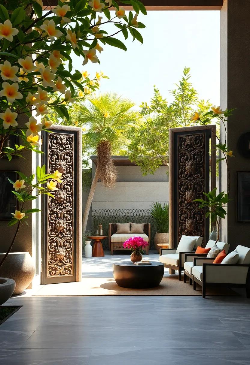 Rustic Balinese Entrance Gates with Elaborate Symbolic Carvings Framed by Vibrant Frangipani Trees