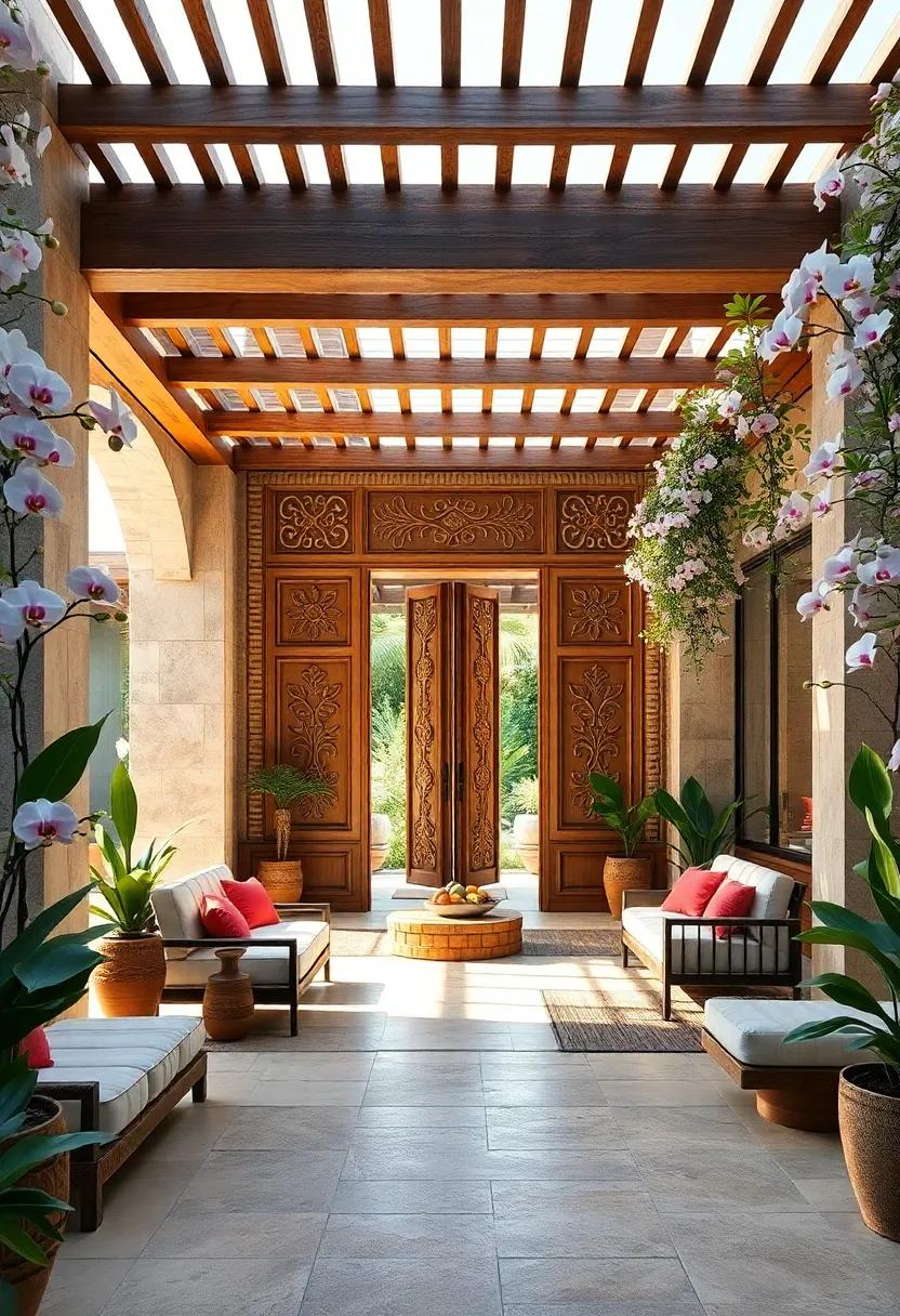 Sunlit Entrance Pergola With Carved Balinese Wooden Panels Surrounded by Orchid-Laden Trellises