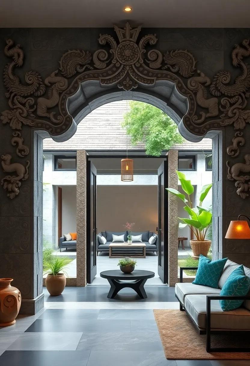 Intricate Balinese Stone Carvings Adorned With Traditional Mythical Creatures at the Entrance of a Tranquil Courtyard