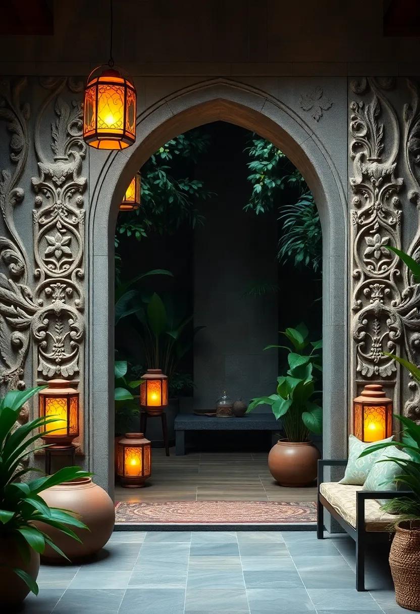 Rustic Clay Pot Lanterns Illuminating Intricately Carved Balinese Stone Walls Amidst Lush Jungle Foliage