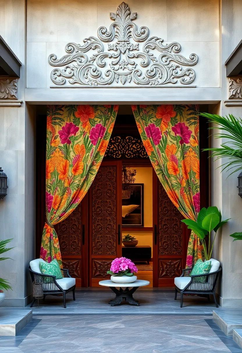 Colorful Balinese Fabric Drapes Cascading Over Hand-Carved Wooden Doors Enhancing Tropical Elegance