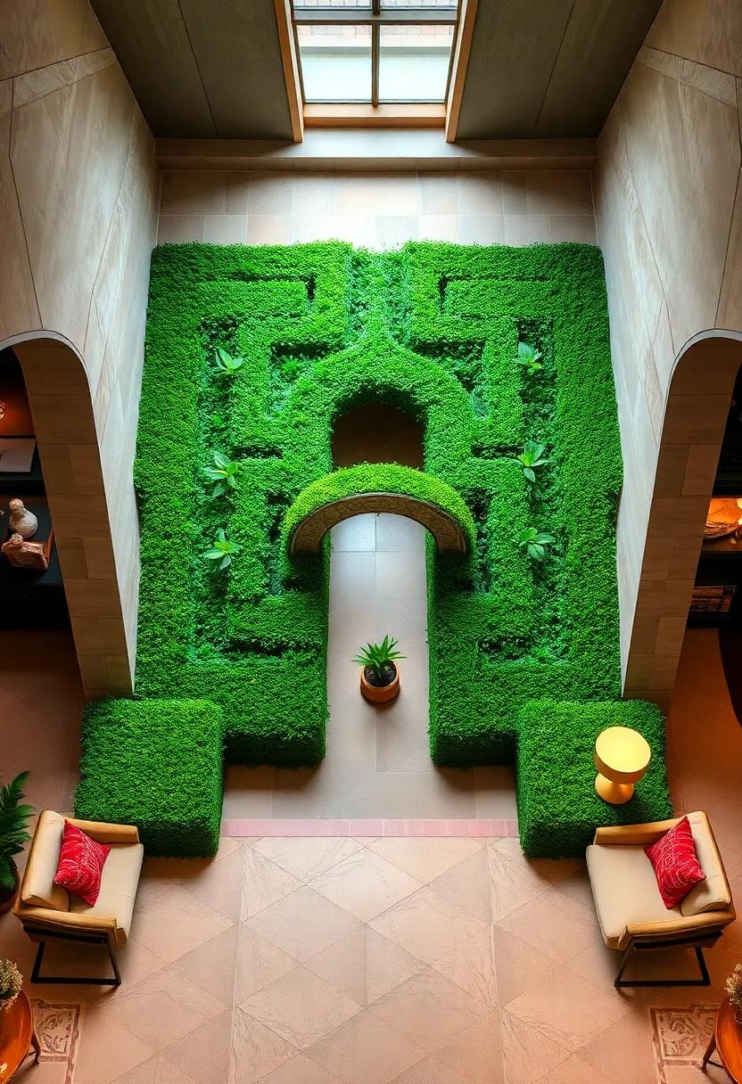 An Overhead View of a Labyrinthine Hedge Maze with a Distinctive Ornamental Entrance Feature