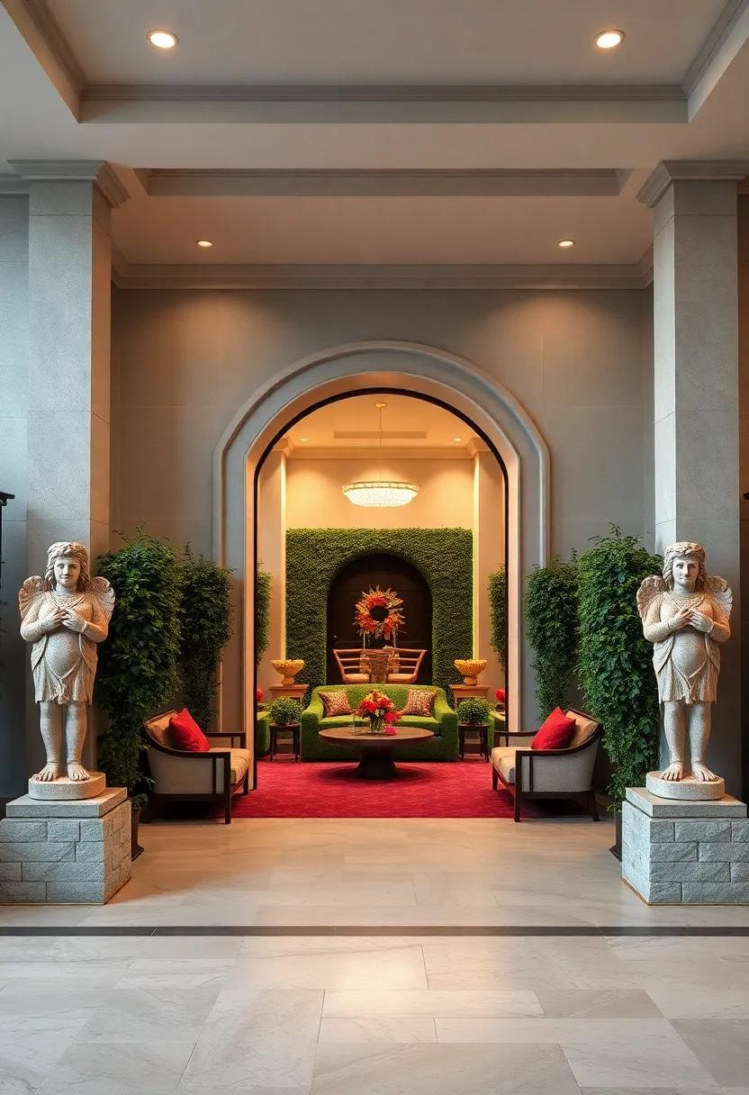 Majestic Stone Statues Guarding the Twin Entrances of an Enchanting Front Yard Hedge Maze