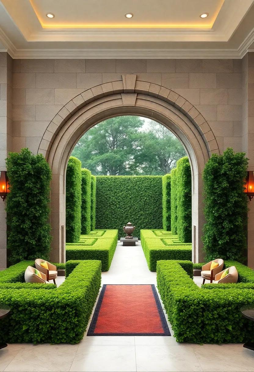 A Symmetrical Grand Archway Made of Sculpted Boxwood Hedges Inviting Visitors Into the Maze