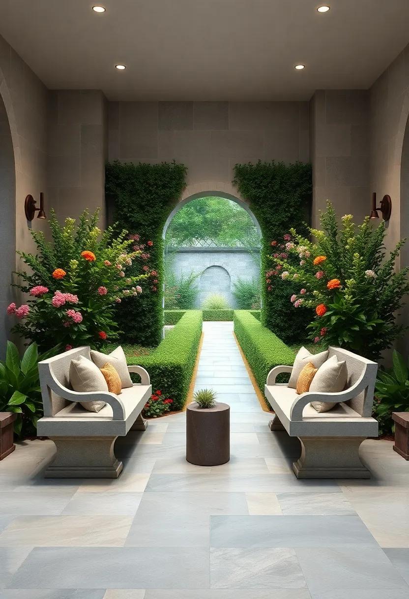 Elegant Stone Benches Positioned Near a Grand Hedge Maze Entrance Surrounded by Seasonal Blooms