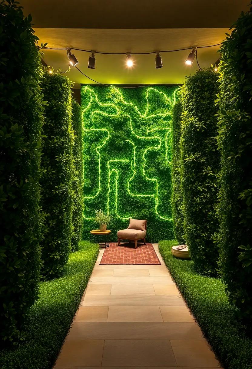 Fairy Lights Intertwined with Lush Hedgerows Casting a Dreamlike Glow on the Maze Entrance