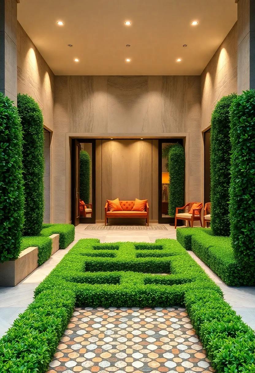 A Mosaic Step Pattern Leading Visitors Into an Intricately Designed Hedge Maze Entrance Oasis