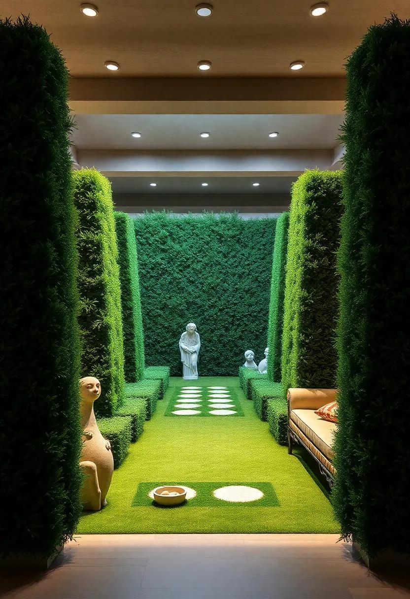 Whimsical Garden Sculptures Nestled Amid Tall Hedges Marking the Enigmatic Maze Threshold
