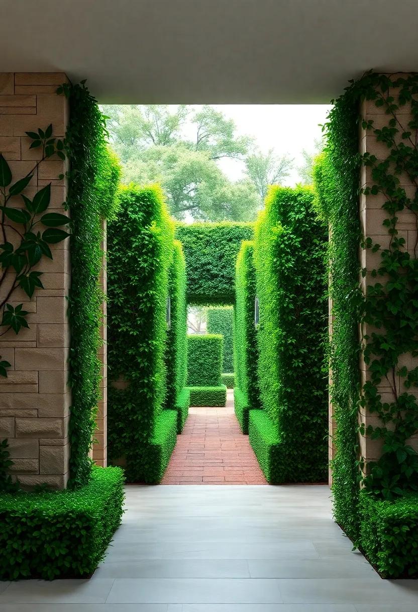 Tall Ivy-Covered Pillars Flanking a Narrow Pathway Leading into a Secretive Green Maze