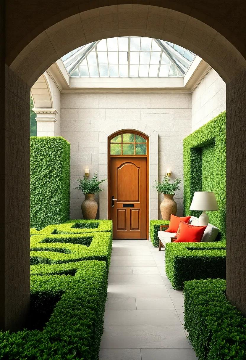 A Classic English Garden Hedge Maze Entrance With Intricately Clipped Hedges and a Wooden Door