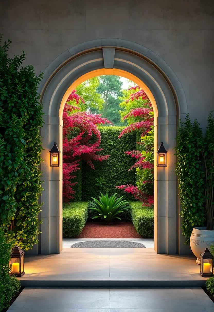 Vintage Stone Lanterns Illuminating a Serene Hedge Maze Portal Embraced by Vibrant Foliage