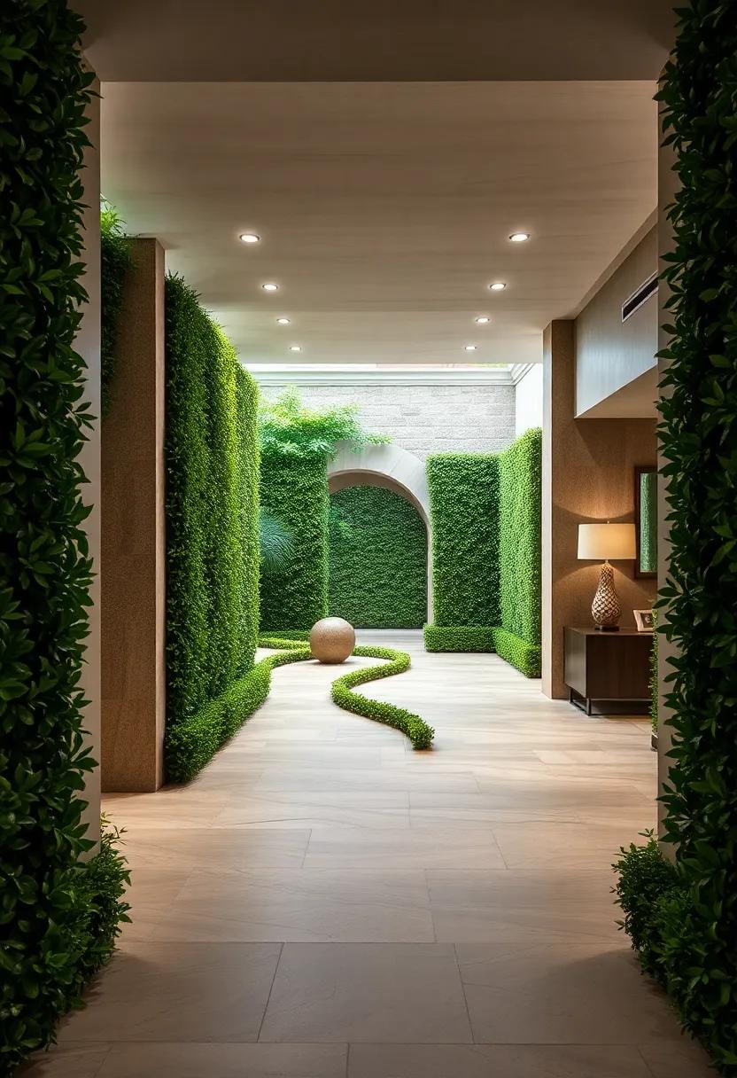 Curved, Narrow Walkways Winding Through Dense Leafy Hedges Towards a Captivating Maze Entrance