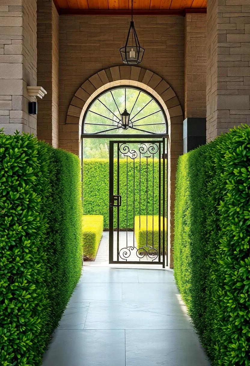 Rustic Ironwork Gate Embedded in a Wall of Vibrant Green Hedges Inviting Quiet Reflection at the Maze's Border