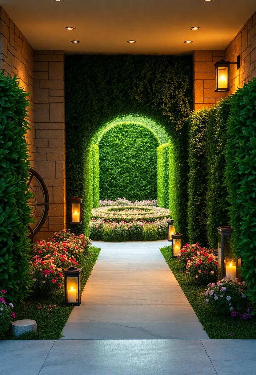 Softly Glowing Lantern Paths Illuminating a Gentle Curve Leading Through a Maze Entrance Surrounded by Wildflowers