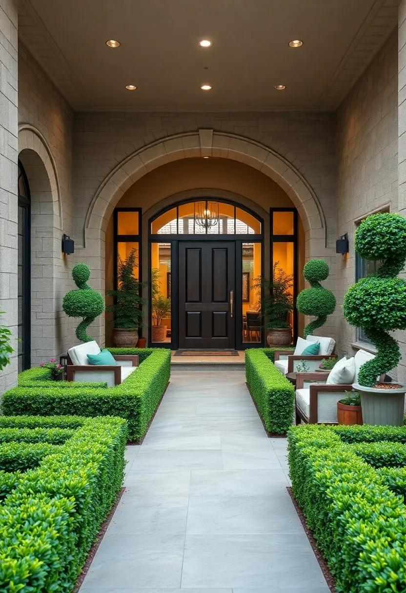 A Timeless Front Yard Hedge Maze Entrance Featuring Ornamental Thymes and Miniature Topiary Creatures