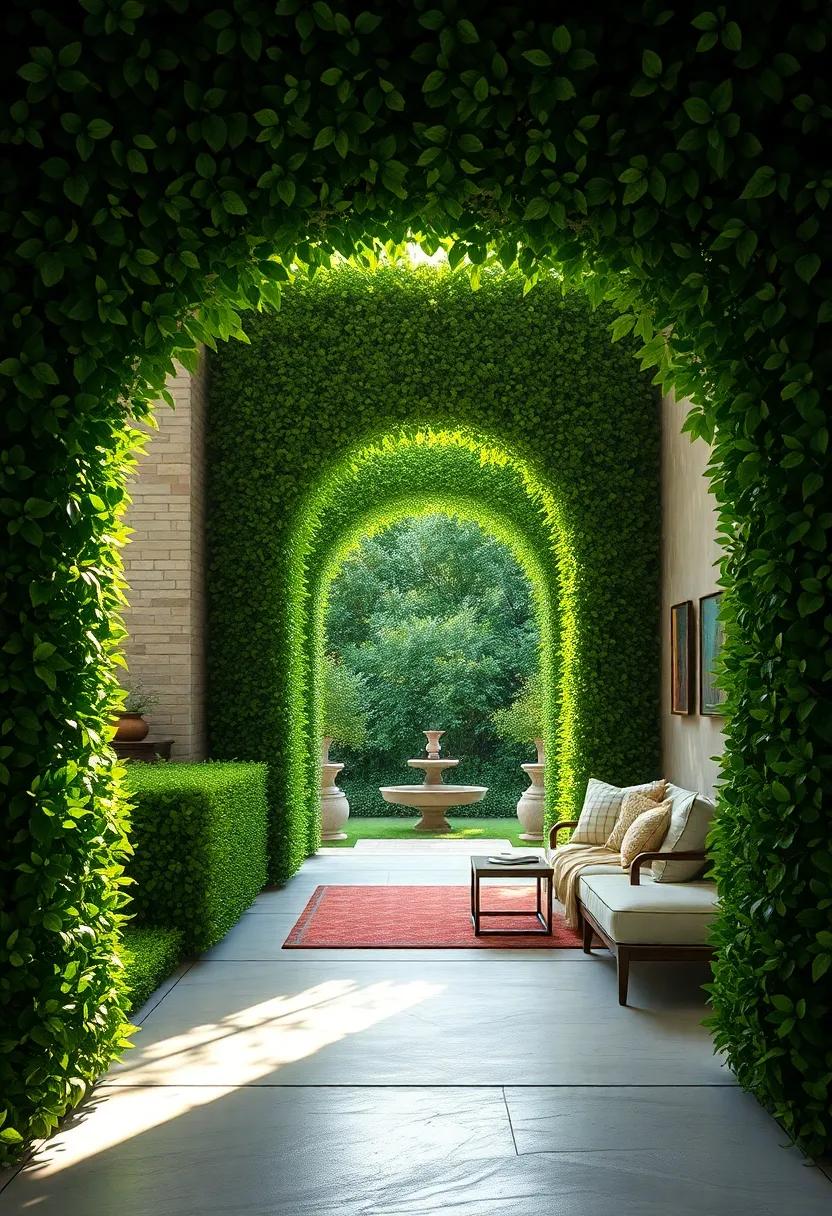 Sunlight Filtering Through Leafy Arches Framing a Mystical Labyrinth Entrance in the Front Yard