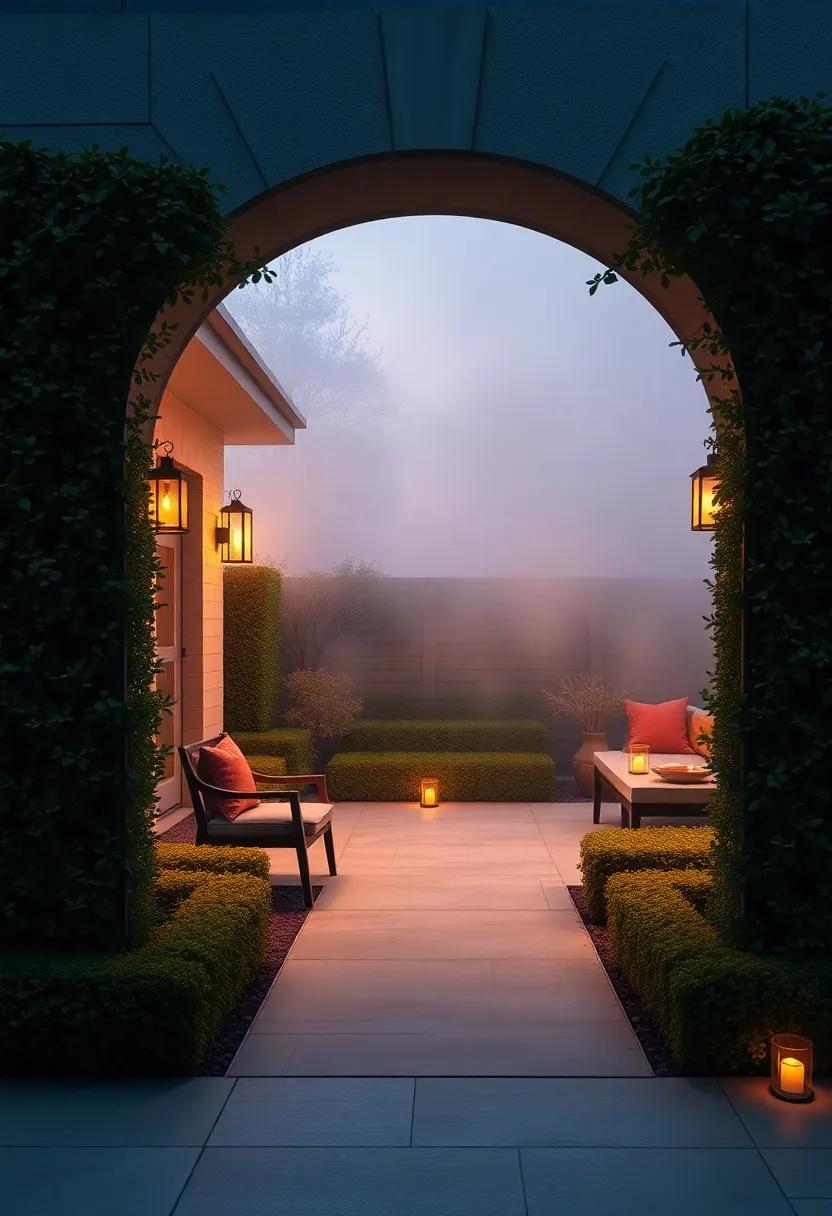 Evening Fog Swirling Gently Around a Curving Hedge Entryway Framed by Twinkling Lanterns