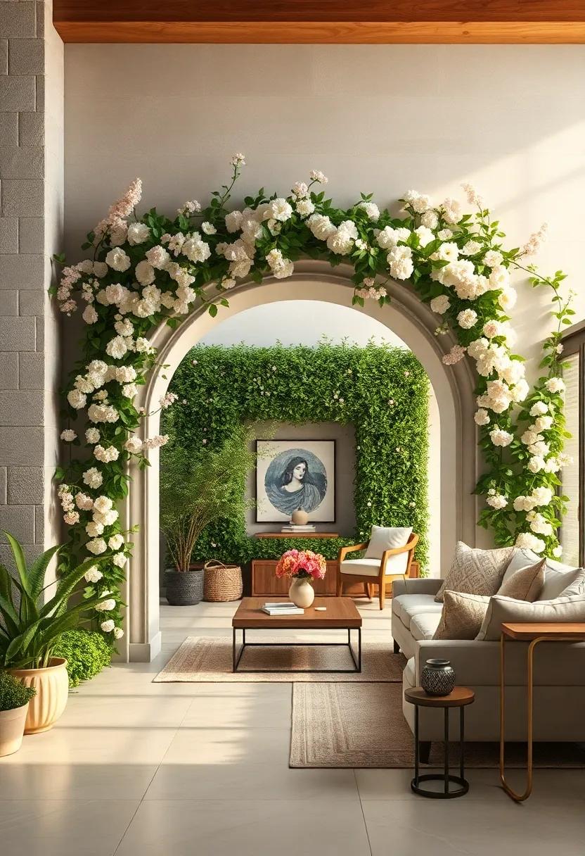 Delicate Flowering Vines Draped Over a Classic Hedge Maze Entrance Arch in Soft Pastel Hues