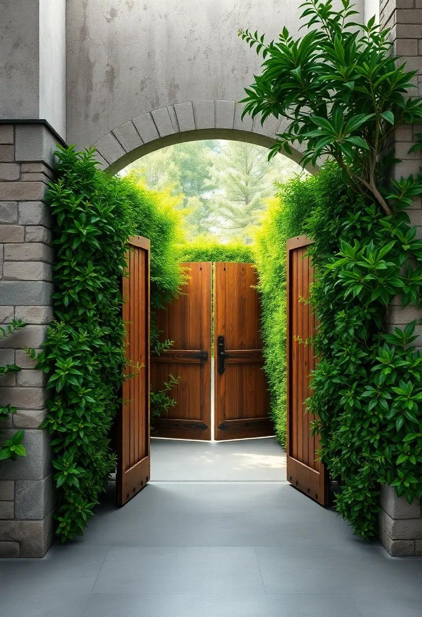 Rustic Wooden Gates Partially Hidden by Flourishing Greenery Setting the Stage for a Hedge Adventure