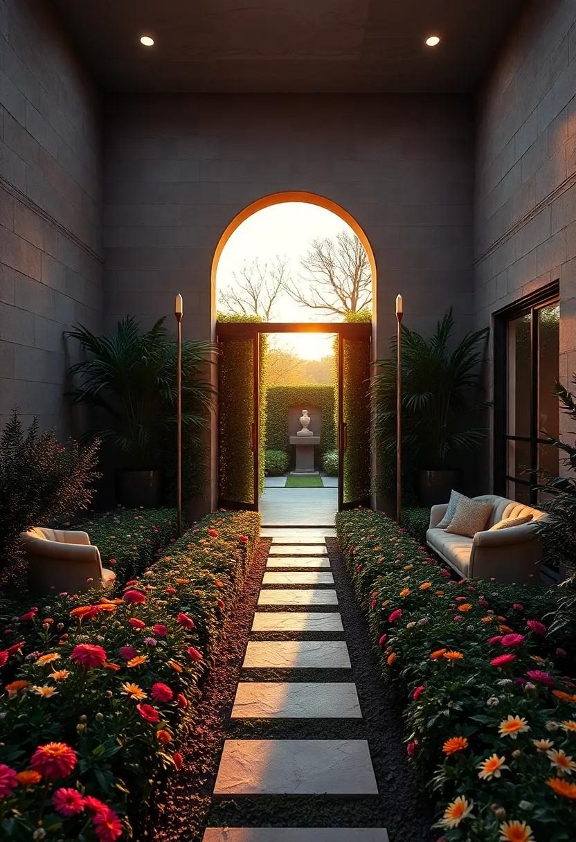 Mystical Evening Glow Casting Long Shadows Over a Front Yard Hedge Maze Gateway Surrounded by Wildflowers