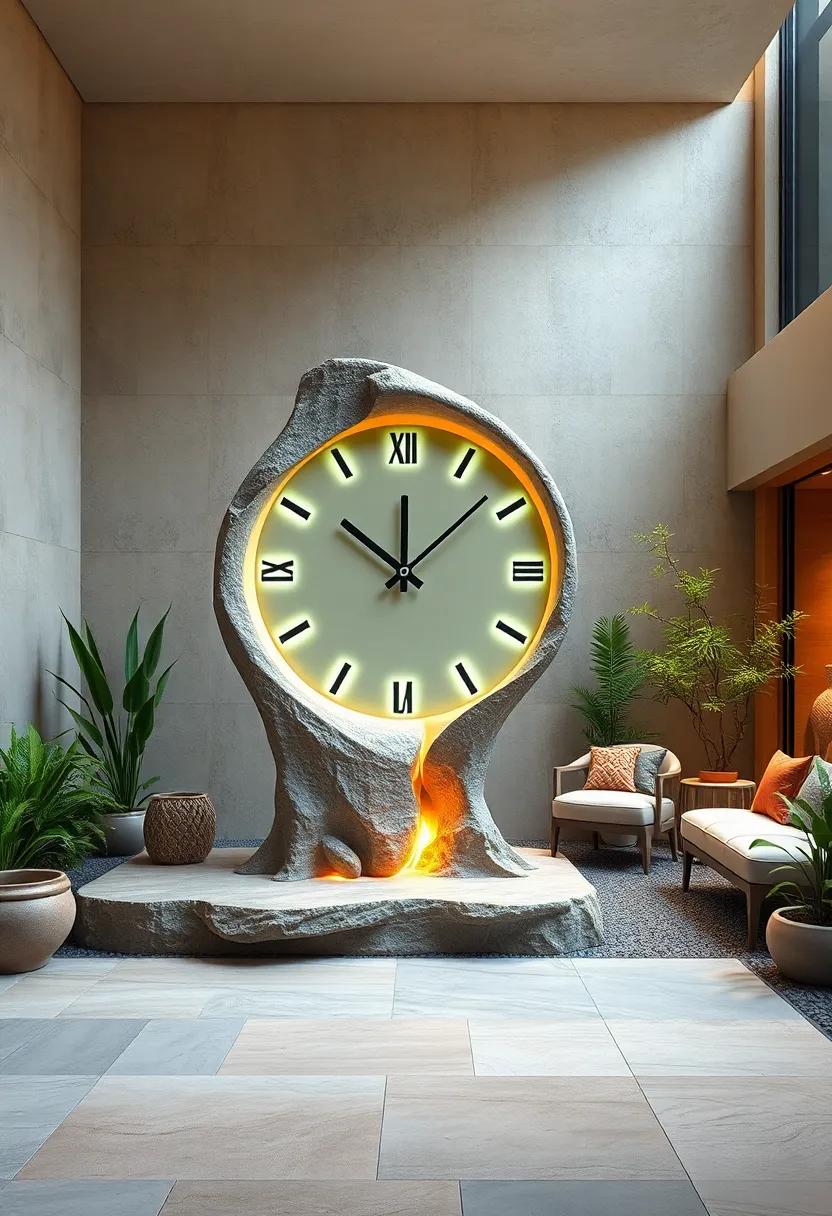 Futuristic Clock Sculpture Pulsating With Soft Neon Lights Nestled In A Minimalist Zen Garden