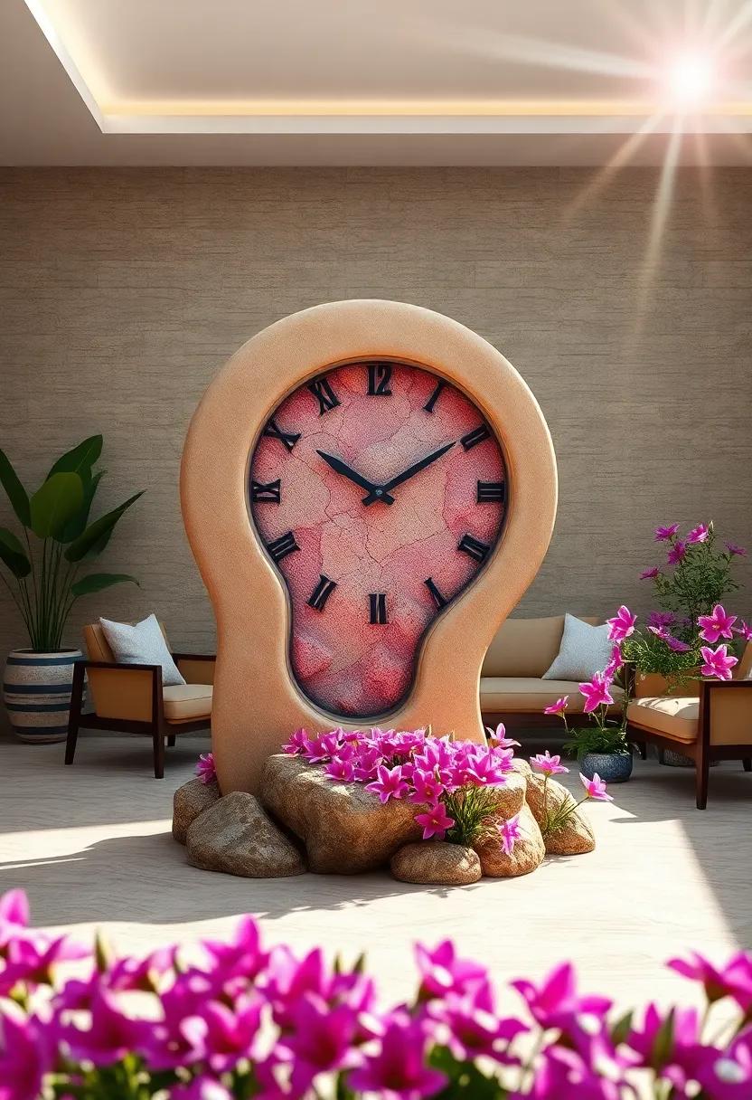 A Panorama Of The Melting Clock with Lens Flares and Soft Bokeh Behind A Bed of Purple Lilies