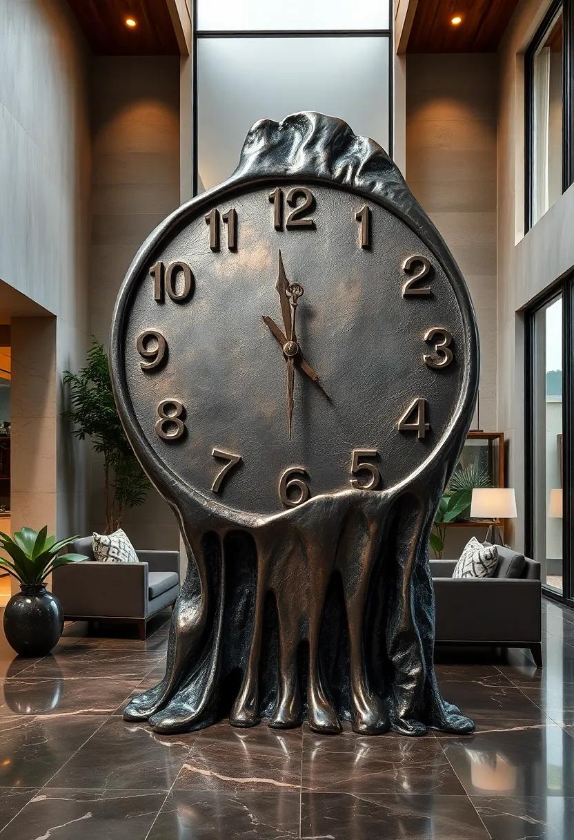 Close-Up View Of The Clock's Dripping Numbers And Distorted Face Engraved In Bronze