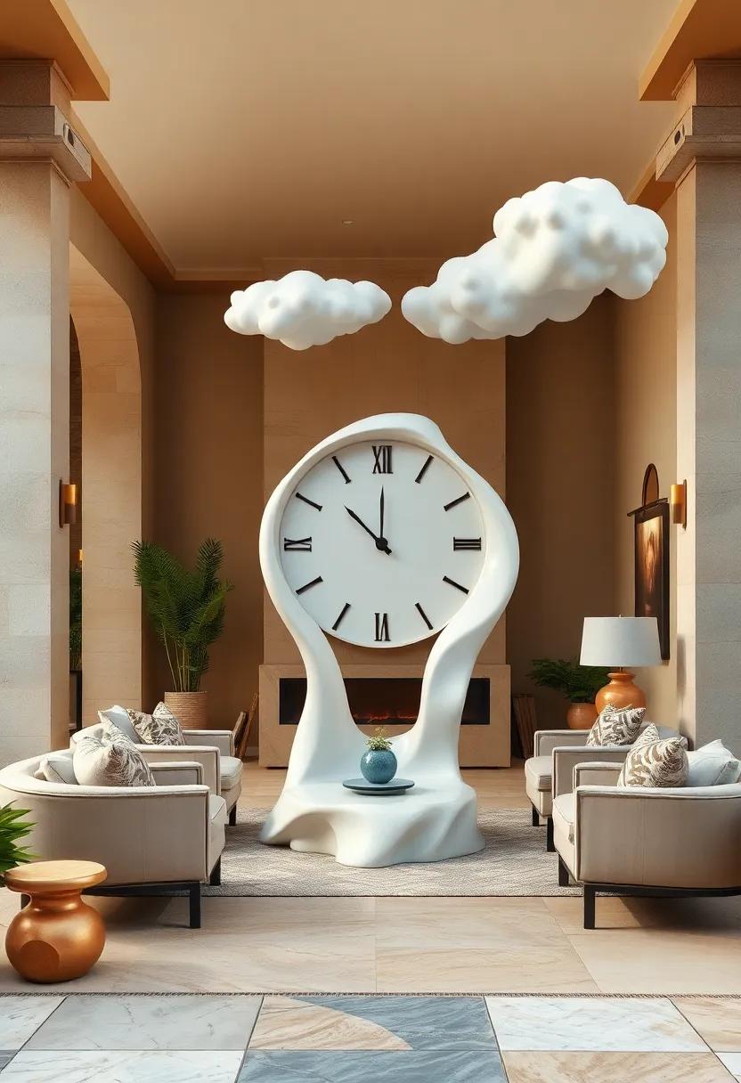 A Soft, Whimsical Melting Clock Paired With Floating Dali-esque Clouds In A Warm Front Yard