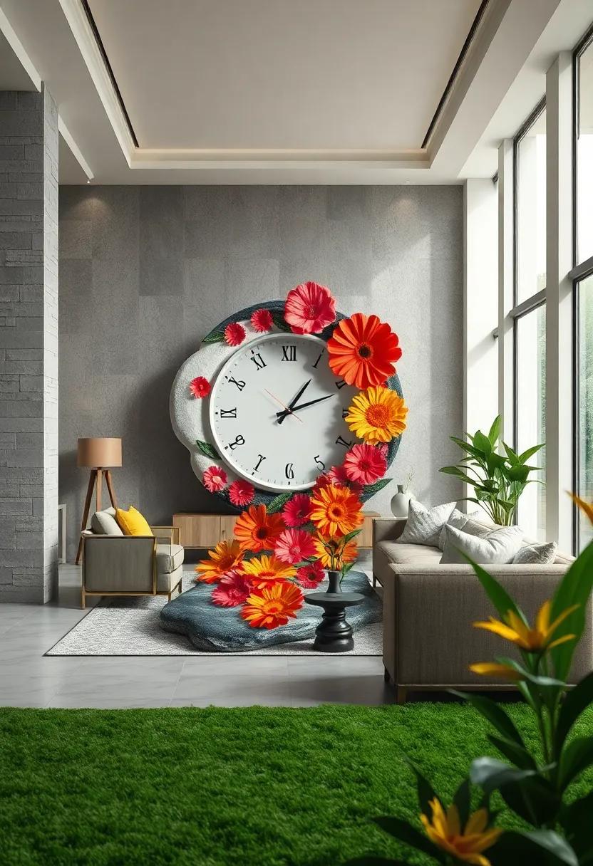 The Dreamlike Effect Of A Soft Clock Melting Into Bright, Bizarrely Patterned Flowers