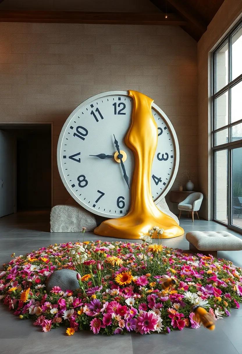 Giant Clock Pouring Time Like Molten Gold On A Patch Of Wildflowers With Bees Buzzing Around