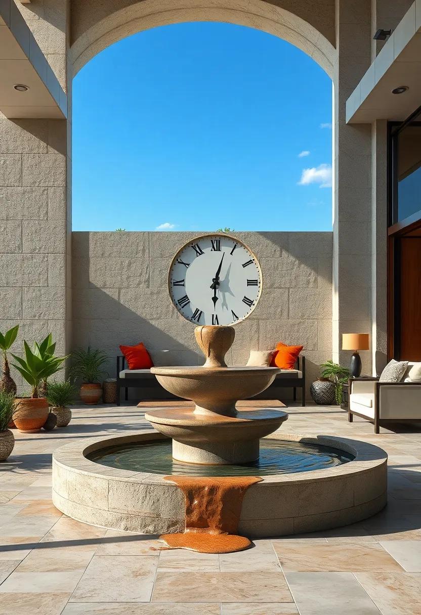 A Melting Clock Dripping Down The Edge Of A Classic Stone Water Fountain Under Blue Skies