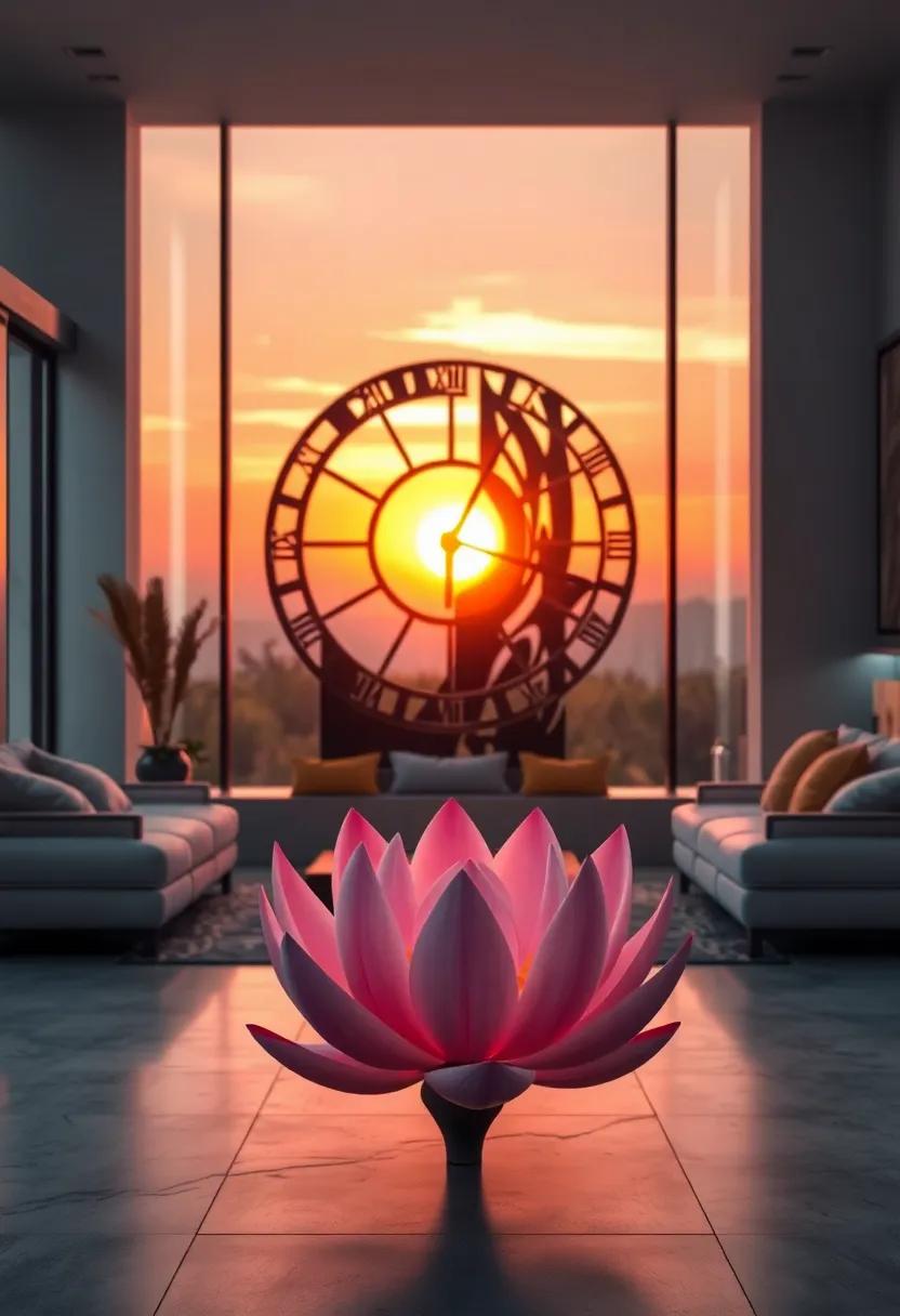 Bright Sunset Colors Behind A Silhouetted Clock Sculpture Warping Over A Delicate Lotus Bloom