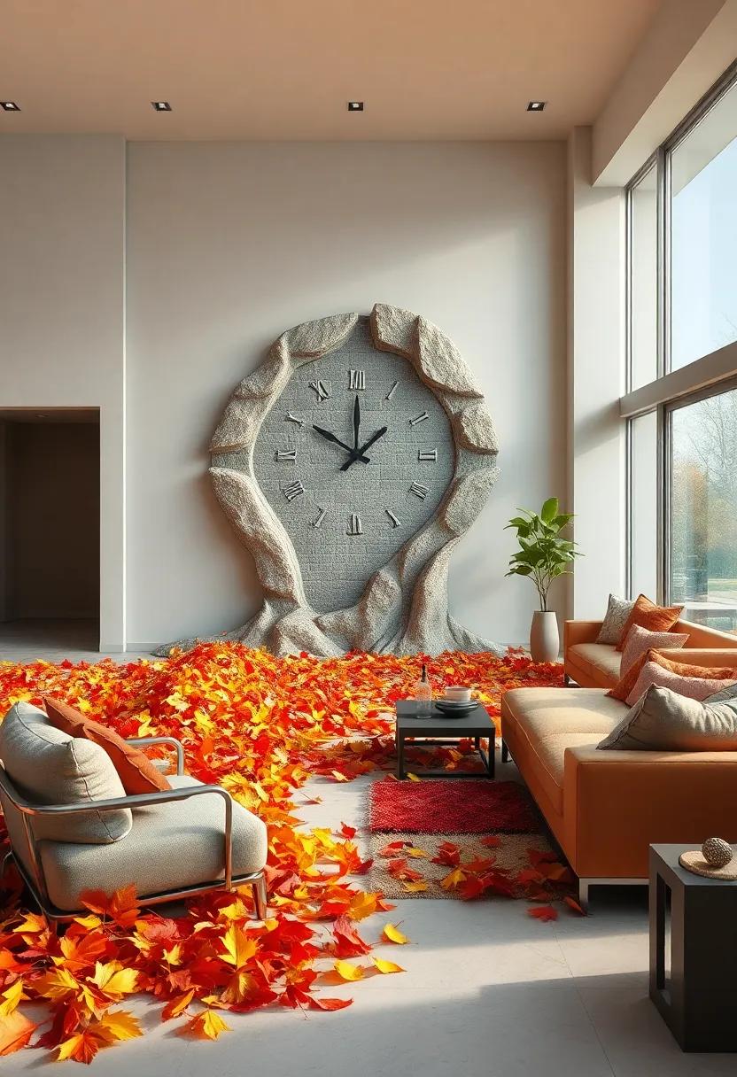 Surreal Melting Clock Morphing Into A Field Of Colorful Autumn Leaves Blowing In The Wind