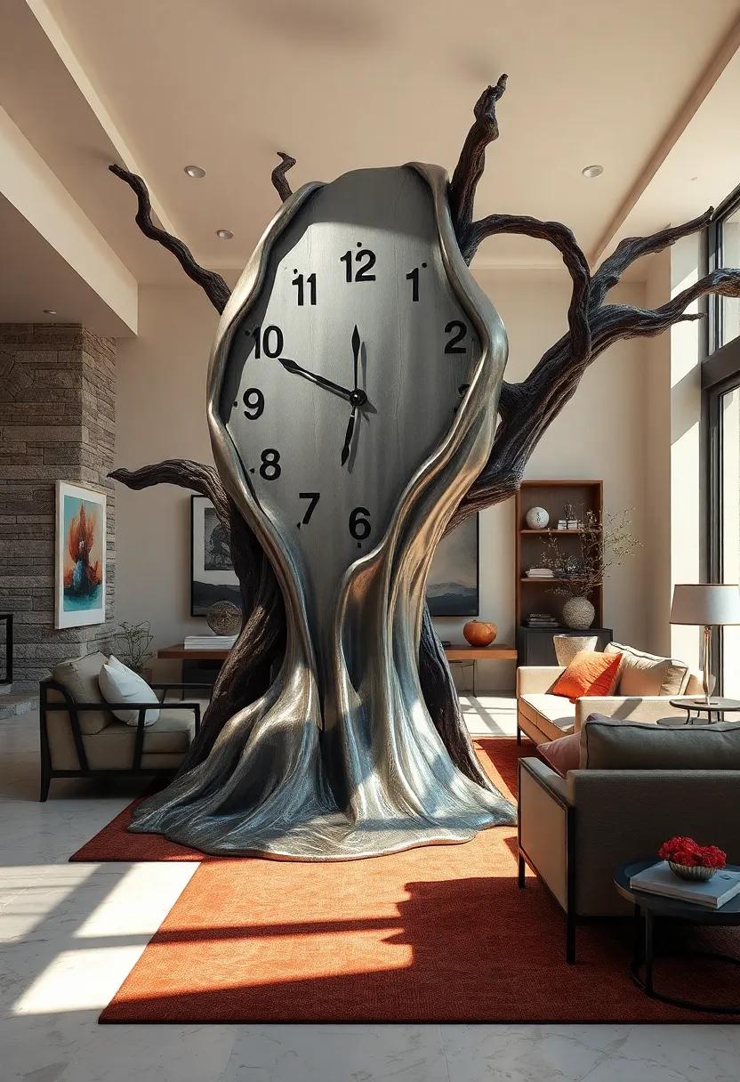 A Giant Metallic Melting Clock Draped Over A Gnarled Tree Branch Casting Long Shadows