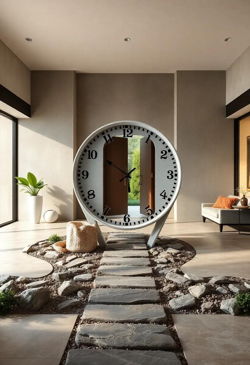A Playful Clock Twisting Around A Stepping Stone Path Leading To An Open Garden Door