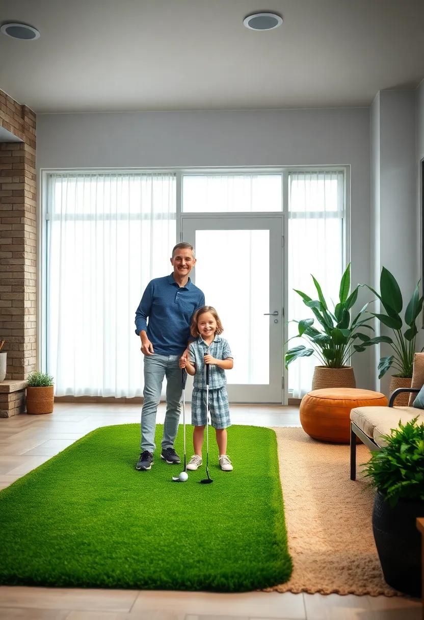 Child and Parent Smiling Together with Golf Putters on a Vibrant Mini Front Yard Green