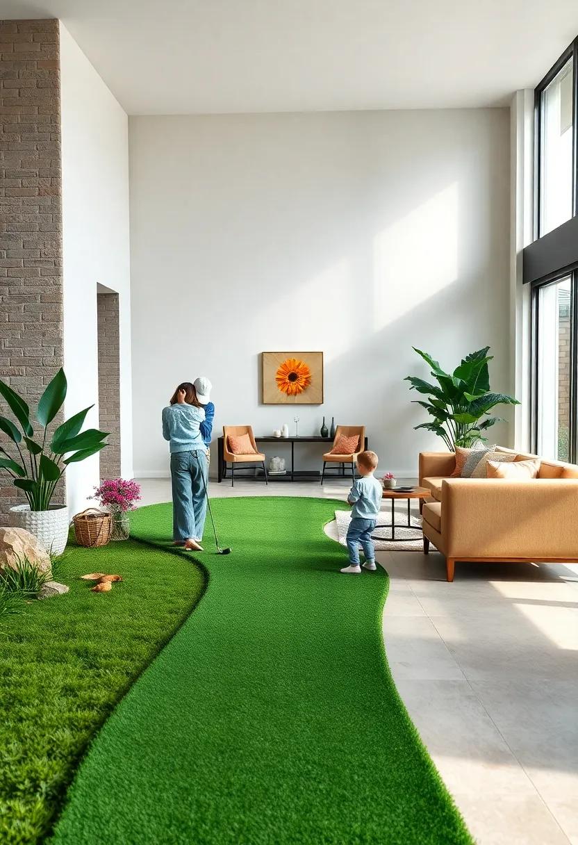 A Family Enjoying Friendly Golf Challenges on a Curved Front Yard Putting Green Pathway