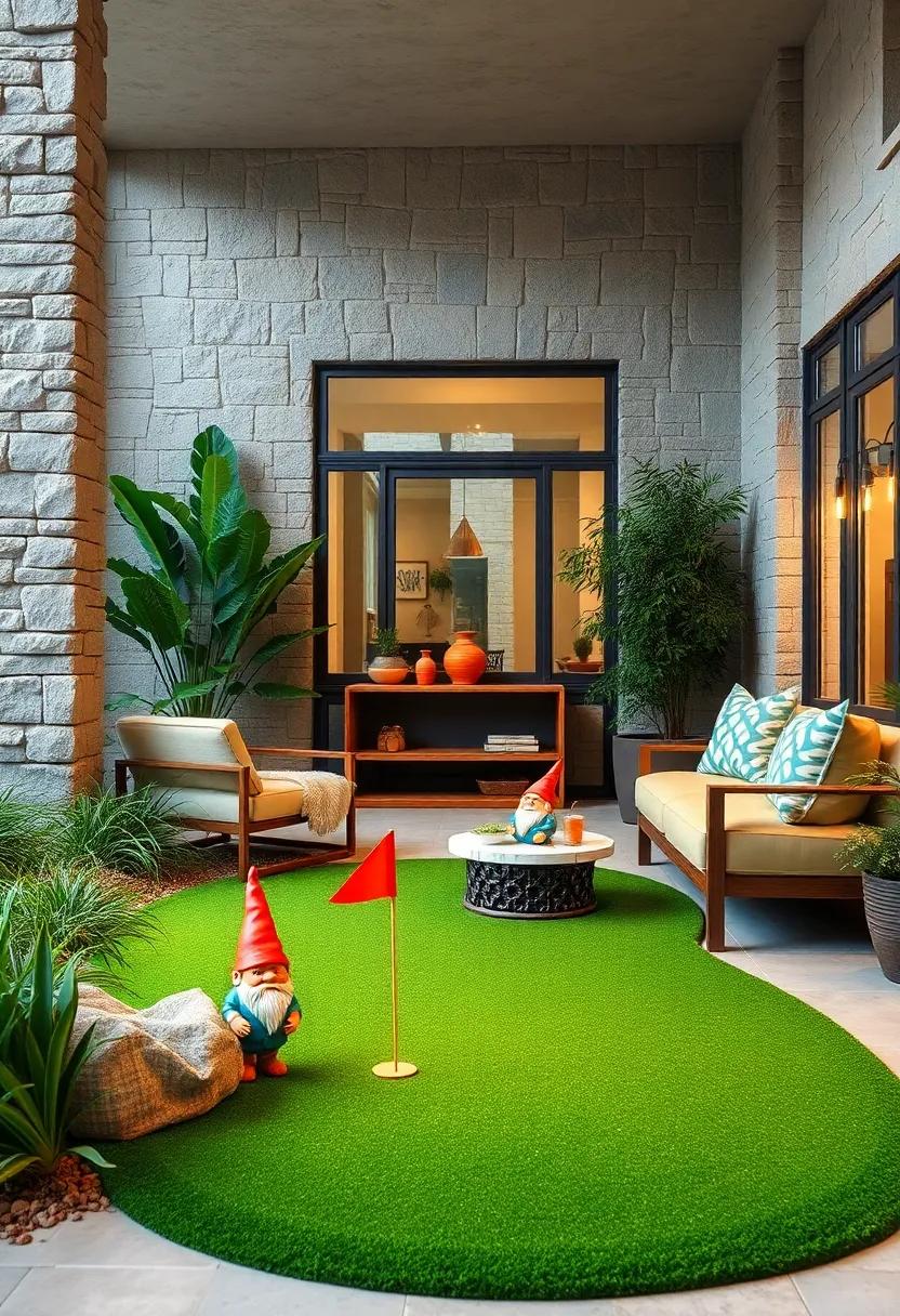 Charming Rustic Wooden Benches Framing a Neatly Designed Tiny Putting Green Space